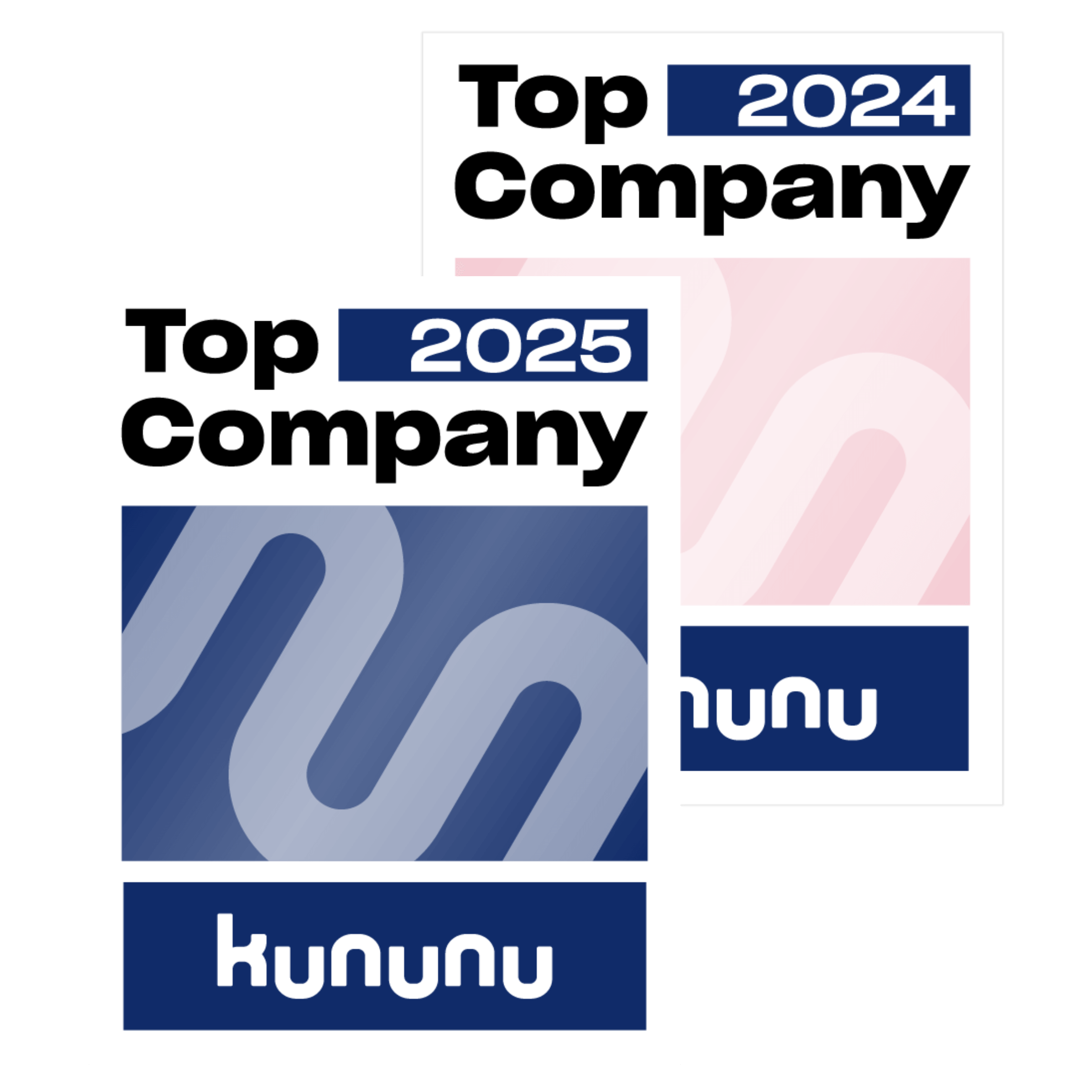 Zwei Auszeichnungen von kununu mit den Titeln „Top Company 2024“ und „Top Company 2025“ in modernen Blau- und Rosatönen.
