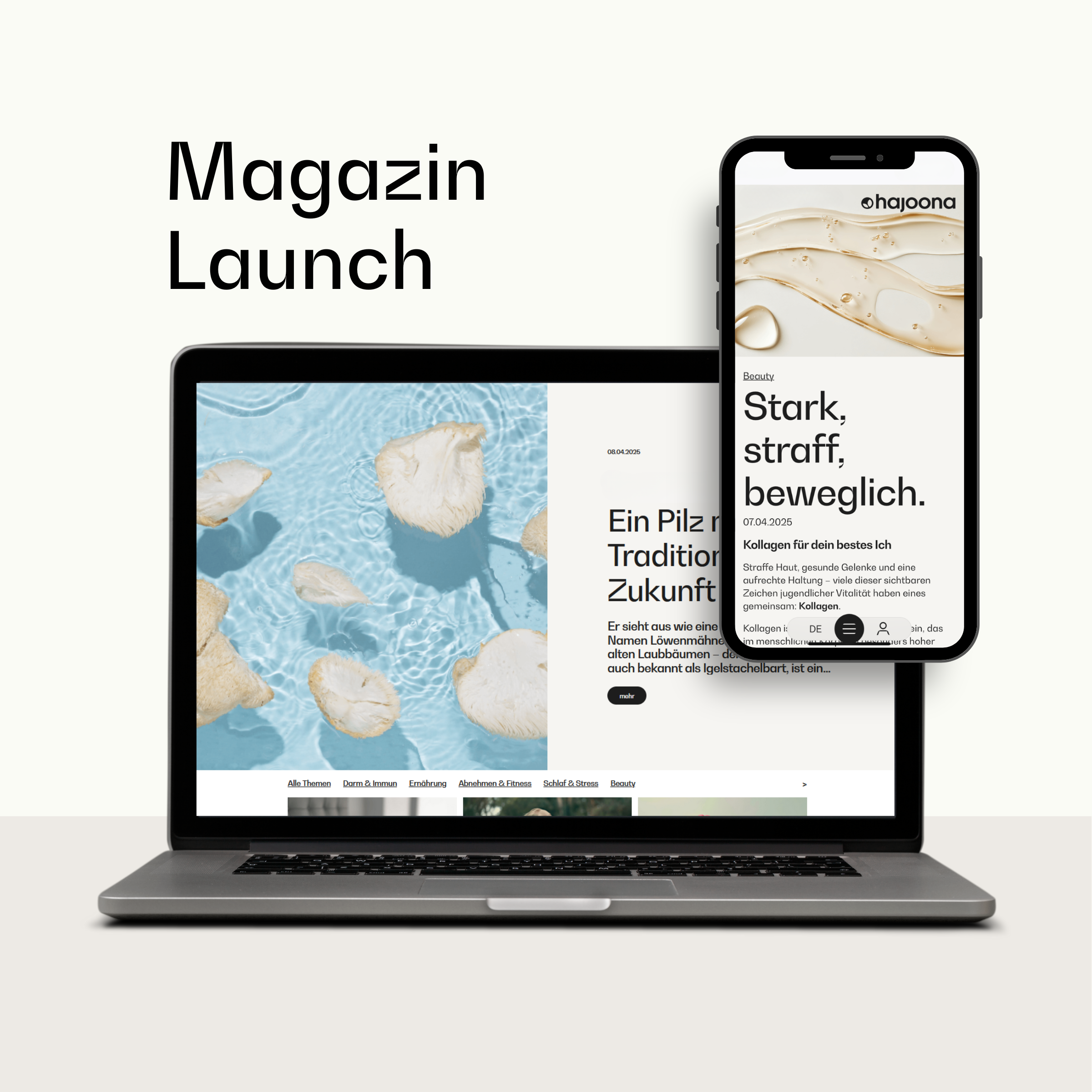 Laptop und Smartphone zeigen die Startseite des neuen hajoona Online-Magazins mit Artikeln zu Gesundheit, Ernährung und Beauty – moderne Darstellung des Magazin-Launches.