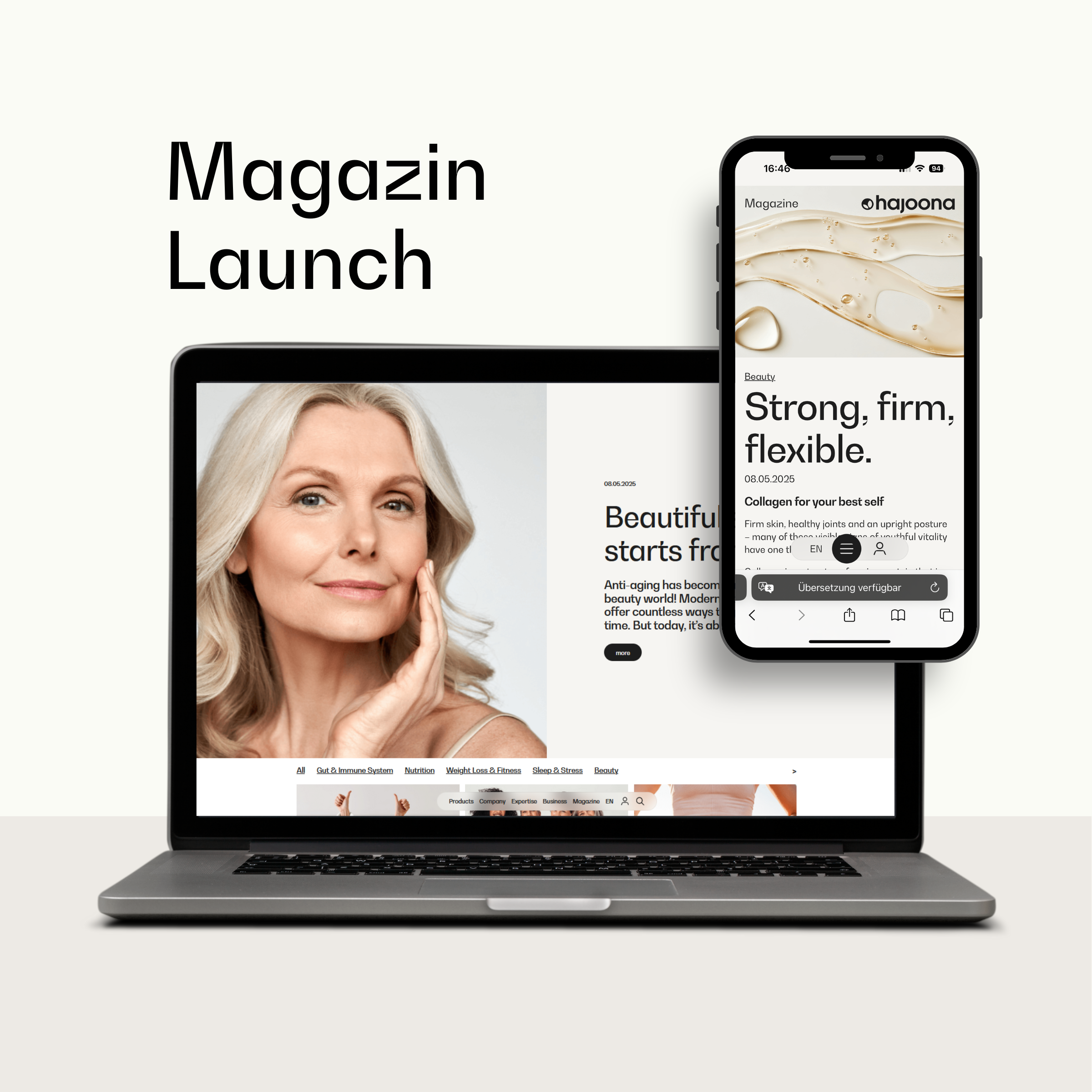 Laptop mit einer reifen Frau im Beauty-Artikel und Smartphone mit dem Titel „Strong, firm, flexible.“ – Darstellung des hajoona Magazin-Launches auf Englisch.
