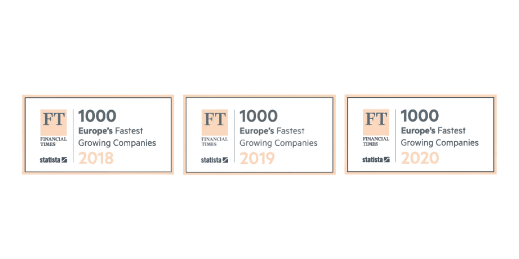 Drei Auszeichnungen der Financial Times und Statista als eines der 1000 am schnellsten wachsenden Unternehmen Europas in den Jahren 2018, 2019 und 2020.