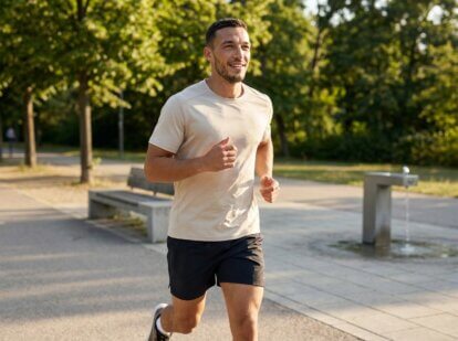summer lifestyle photo of a man running through an urban park